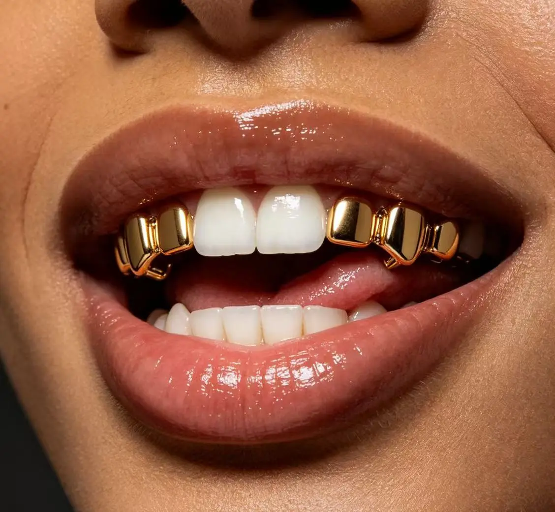 4 Pieces 18K Gold Plated Tooth Caps, Hip Hop Style Upper Teeth Grillz, Smooth Fake Gold Teeth Decor, Rapper Cosplay Halloween Party Fashion Accessory for Men & Women