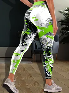 Plus Size Sports Leggings, Graffiti Splash Print Fashion Slim Yoga Pants, Color Block High Elasticity Running Fitness Tights, Women's Plus Size Activewear Koningsdag/King's Day For Spring & Autumn