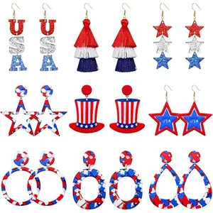 Patriotic 9 Pairs Acrylic American Flag Star Dangle Earrings for Women - Independence Day Party Jewelry Set