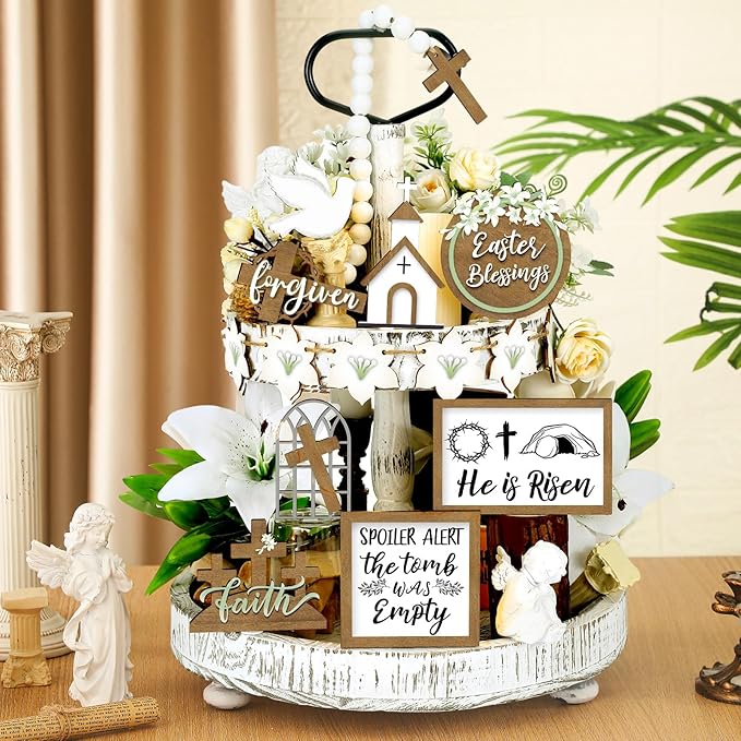 Easter Tiered Tray Decor Wooden Signs Set (No Tray), Rustic Bunny Egg Carrot Jesus Cross Risen Ornaments Cute Durable Layered Tray Signs for Mantel Shelf Table Kitchen Display, Spring Home Easter Decor Christian Family Religious Party Gifts, Date Suppiles