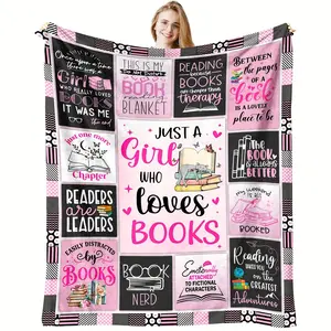 Pink Flannel Blanket with Book Lover Quotes & Reading-Themed Illustrations - Cozy Gift for Women Readers Bookworms, Librarians - Machine Washable All-Season Throw for Book Clubs & Reading Enthusiasts, Playful Design | Comfortable Texture, Book Lover Gifts