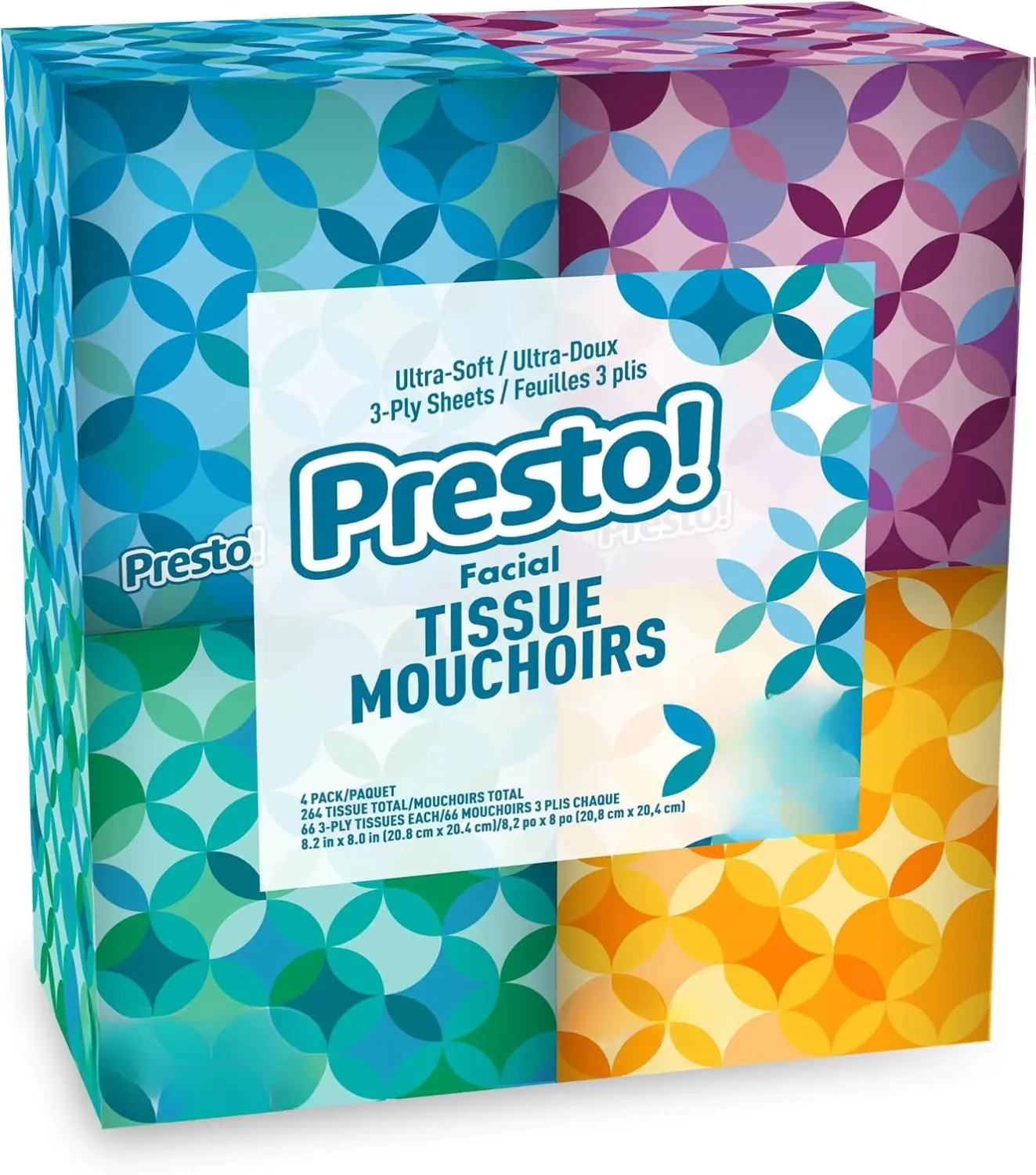 Amazon Brand - Presto! Ultra-Soft 3-Ply Premium Facial Tissues, 264 Count (4 Packs of 66), (Packaging May Vary)