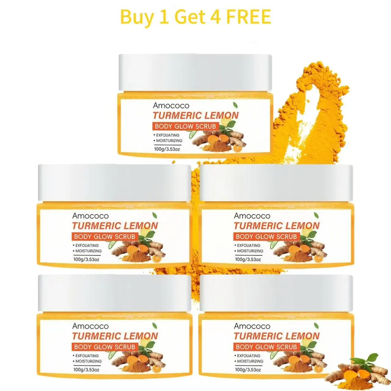 Turmeric Nourishing Scrub 100g - Buy 1 Get 4 Free. Infused with natural turmeric extract, it gently exfoliates while deeply moisturizing your skin, leaving it smooth, soft and radiant.