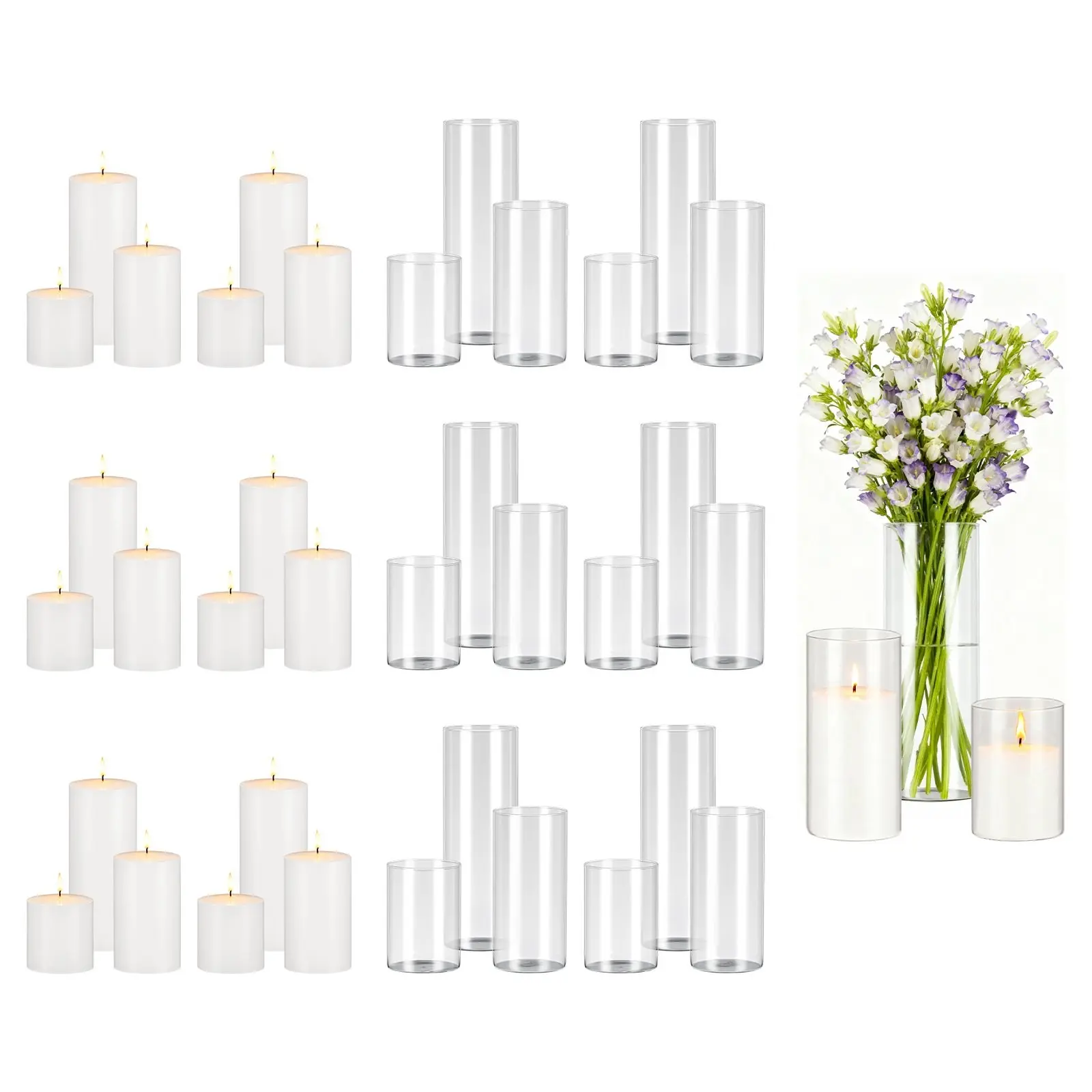 Pillar Candles And Glass Vases Set Of 36 Pcs, Clear Cylinder Hurricane Candle Holders For Wedding Centerpieces, Tall Vases For Table Decor, Wedding Party, Thanksgiving, White (3.4" X 4.7", 7.1", 9.8")