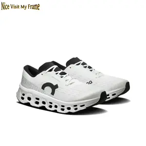 Premium White Athletic Shoes, Stretchable Mesh Construction, Unique Cloud-Like Sole, Black Tonal Accents, Non-Slip Grip, Cushioned Insole, Versatile Footwear for Running, Gym & Casual Wear