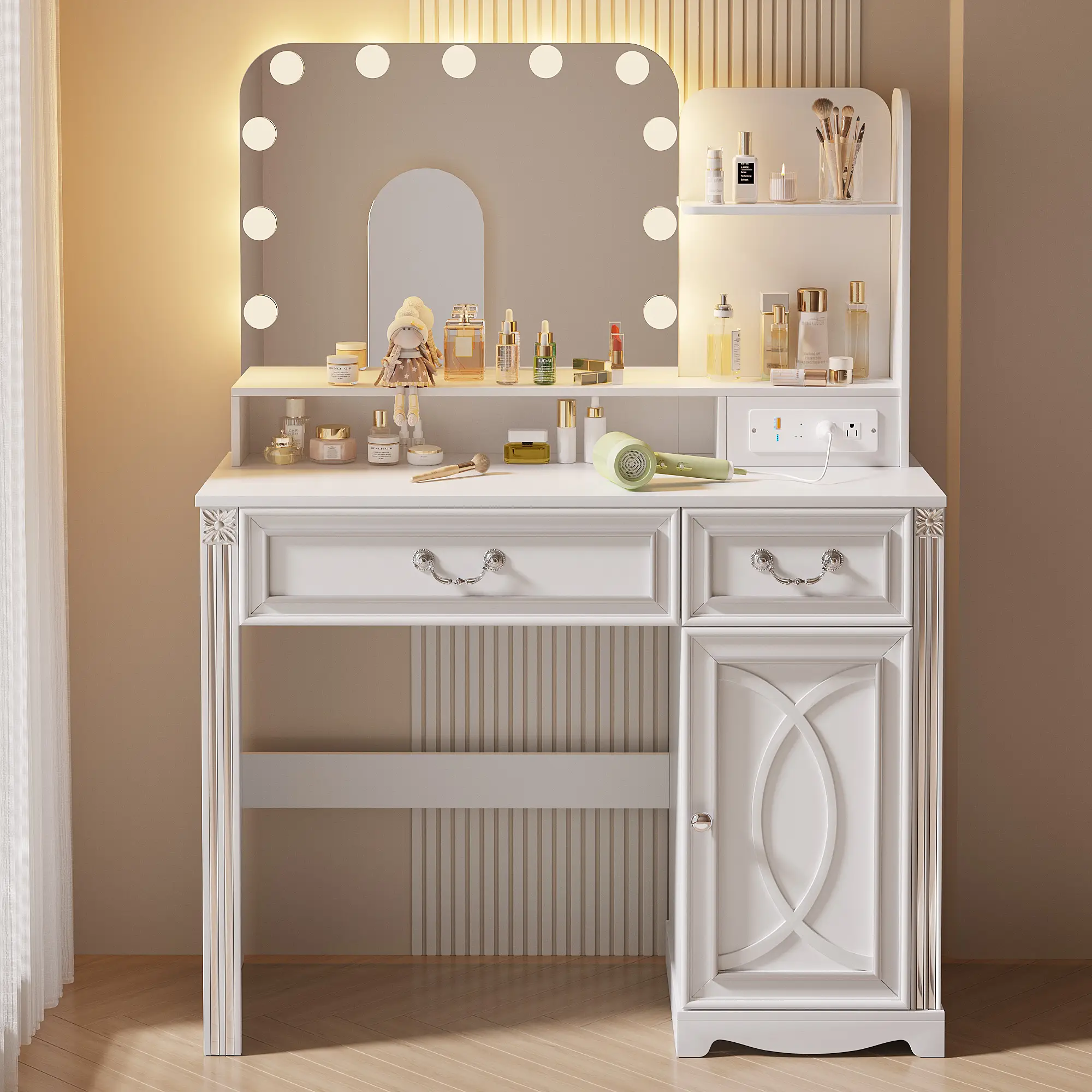 Miu Makeup Vanity with Outlet and 11 LED Lights, 3 Lighting Modes, Large Mirror, Retro Edition, Dressing Table for Bedroom Cosmetic
