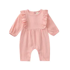 Baby Girls Casual Romper, Long Sleeve Round Collar Solid Color Jumpsuit, Dark Green/ Wine Red/ Yellow/ Pink