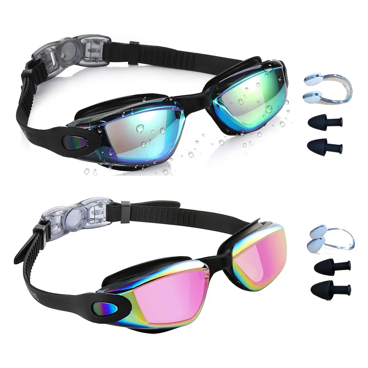 2 Pack Kids Swim Goggles for 3-15 UV Protection Anti-Fog High Definition Waterproof Adjustable，Waterproof Earplugs，