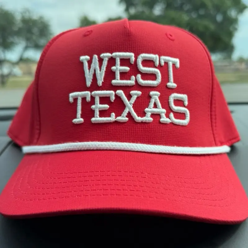 West Texas Puff Embroidery Hat - Red with White Embroidered Text and Rope Detailing
