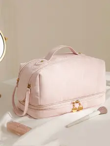 Women's Multifunctional Large Capacity Dual-Layer Zipper Handbag, PU Leather Makeup Bag, Vanity Makeup Organizer, Portable Multi-Pocket Organizer for Travel & Daily Use, Toiletry Pouch