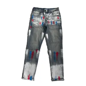 Men's Bleached Wash Red Blue Paint Splatter Slim Fit Jeans Streetwear Distressed Denim Pants Casual Trousers