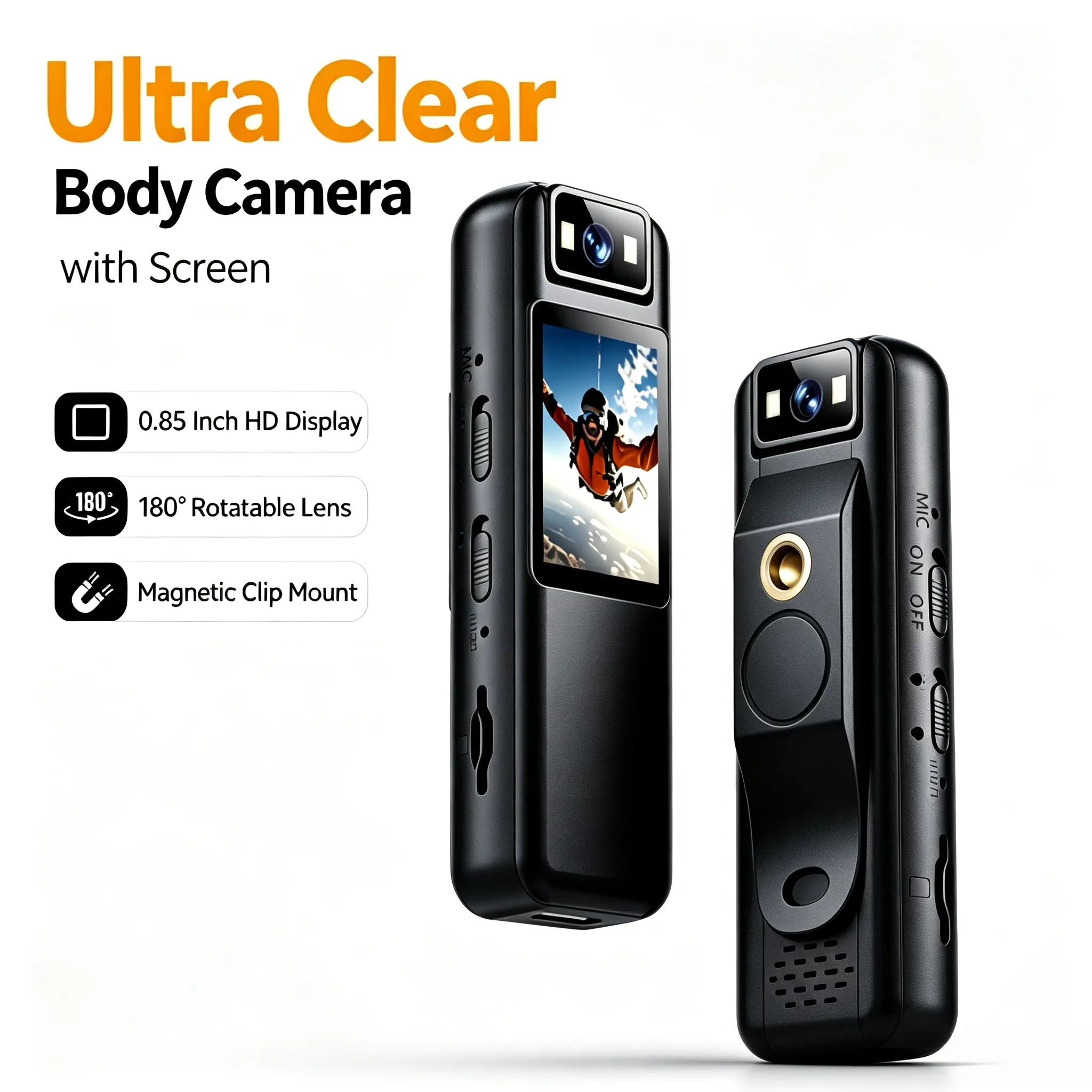 Body Worn Camera | 180° Rotatable Lens & Night Vision, LCD Screen Loop Recording, Magnetic Clip-on Portable Sport Camera, Support Audio Video Recording & TF Card Storage, Ideal for Cycling, Hiking, Fishing, Daily Vlog & Law Enforcement Recording
