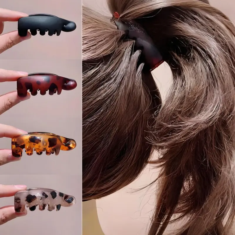Women's Non-Slip small banana hair clip Set of 4,minibanana clip, stylish hair clip,secure hold,Vintage Oval Leopard Print, Amber and, Secure Ponytail Holders, Boho Style, All Seasons, Banana Hair Clips
