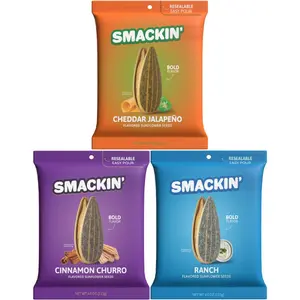 SMACKIN’ Sunflower Seeds 3-Flavor Variety Pack - 4oz Bags (Cheddar Jalapeño, Cinnamon Churro, Ranch) Snack