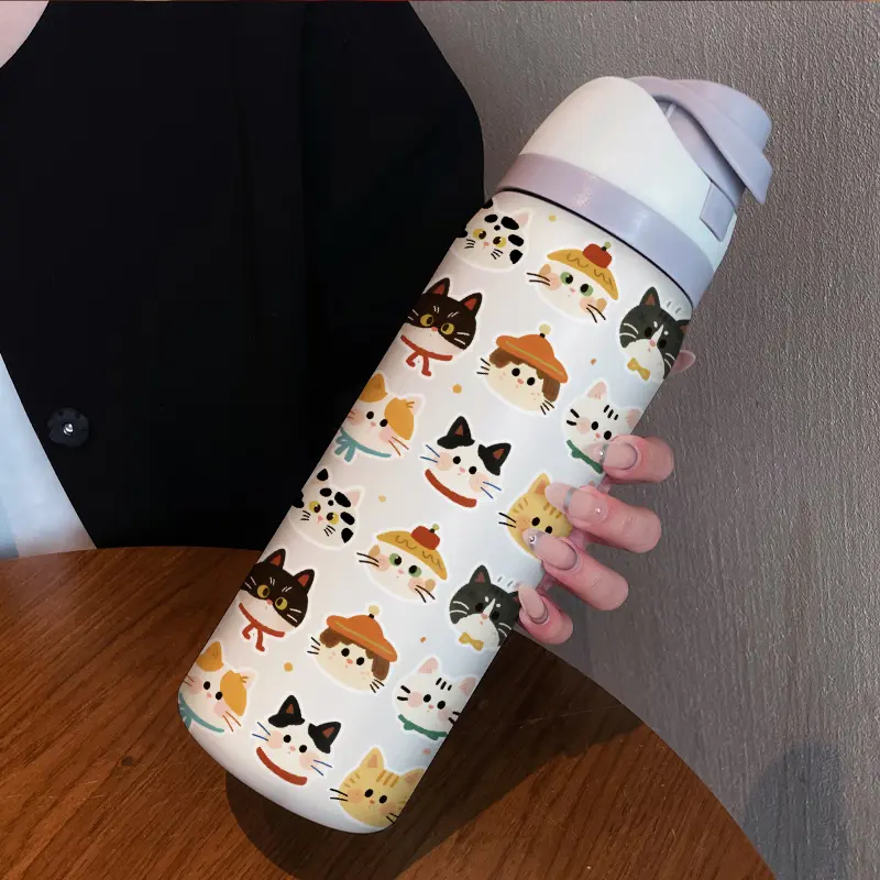32oz Dual-Drink Sports Water Bottle Flask Tumbler, Insulated Water Bottles, Straw, Cute Cat Pattern, 304 Stainless Steel Reusable Vacuum Insulated Drinkware, Large Capacity Fruit Cup, Perfect Gift for Girls