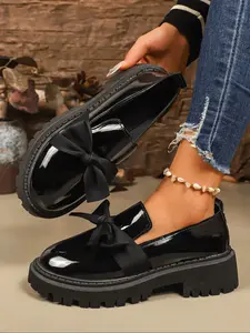 Women's Fashion Patent Leather Loafers, Bow Decor, Bowknot Design Loafers, Thick Sole Platform, Comfortable Height Increase, Casual Daily Wear, Stylish and Eye-Catching, PU Leather Loafers, Footwear
