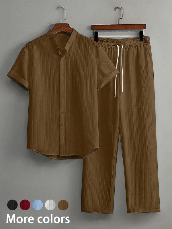 Two-Piece Set Men's Linen Set, Casual Short Sleeve Button Up Shirt & Pants Set for Summer, Men's Clothes for Beach Vacation Two-Piece Set Men's Linen Set, Casual Short Sleeve Button Up Shirt & Pants Set for Summer, Men's Clothes for Beach Vacation