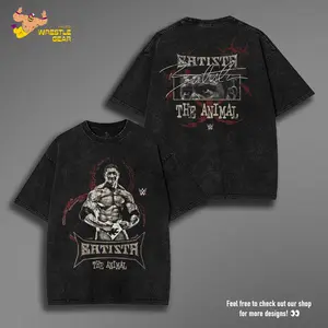 Batista The Animal Washed T-Shirt Wrestling Shirt WWE Fans WWE Tee Menswear Cotton Crewneck Premium American Made Acid Washed 100% Cotton