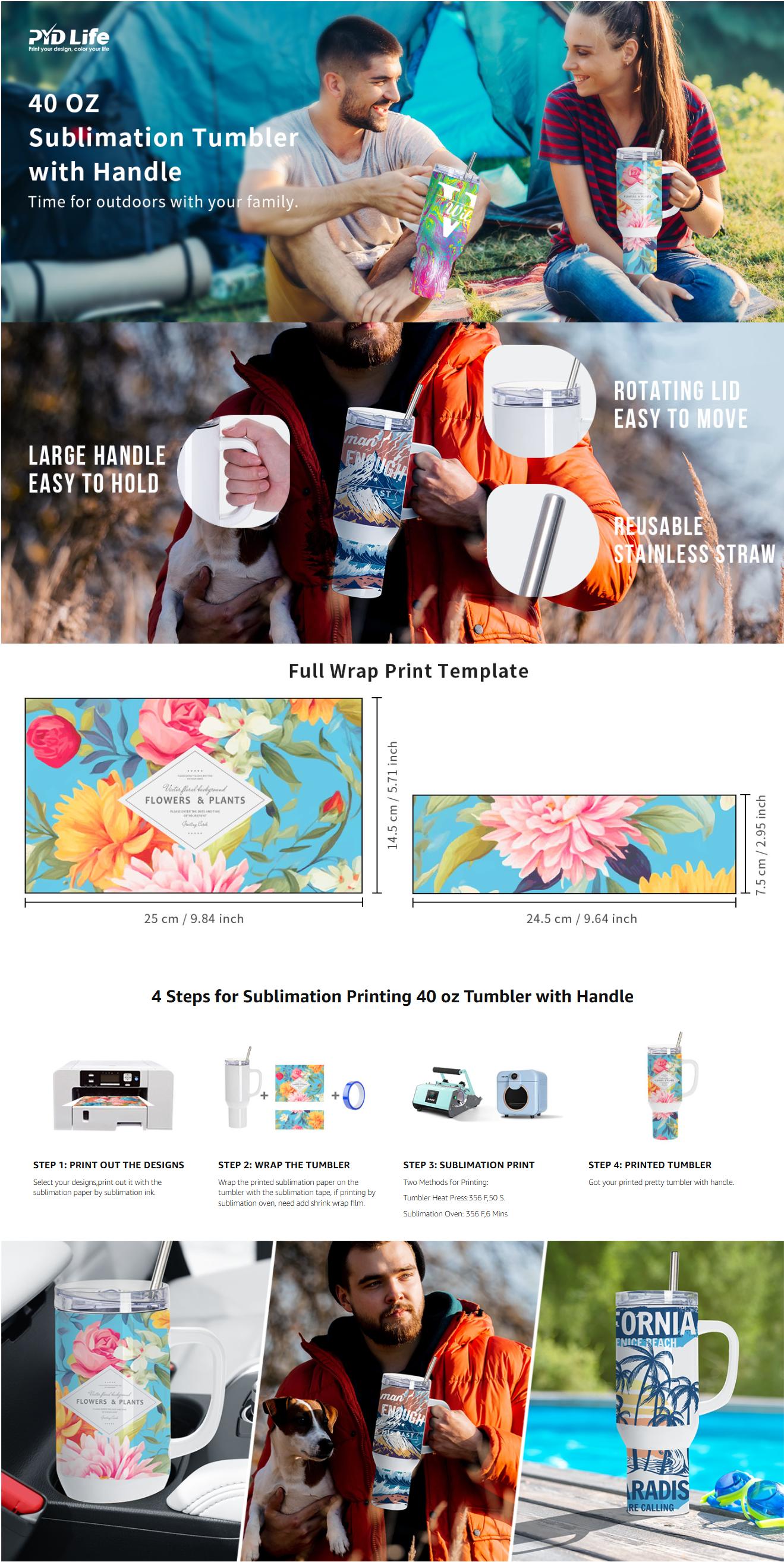 PYD Life 40 OZ Sublimation Tumblers with Removable Handle and Straw Lid Blanks White for 40 OZ Tumbler Heat Press Sublimation Oven Printing 2 Pack