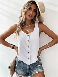 IDEALSANXUN Lady's Lightweight Linen Tank Top - Scoop Neck, Button-Down, Short Sleeveless, Cropped Blouses for Beach, Casual Wear (Premium Fabrics)