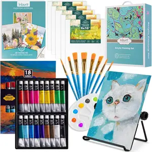 Juego de pintura artística para niños, kit de suministros de pintura con 5 paneles de lienzo, 8 pinceles, 18 pinturas acrílicas, caballete de mesa multifunción, juego de pintura acrílica