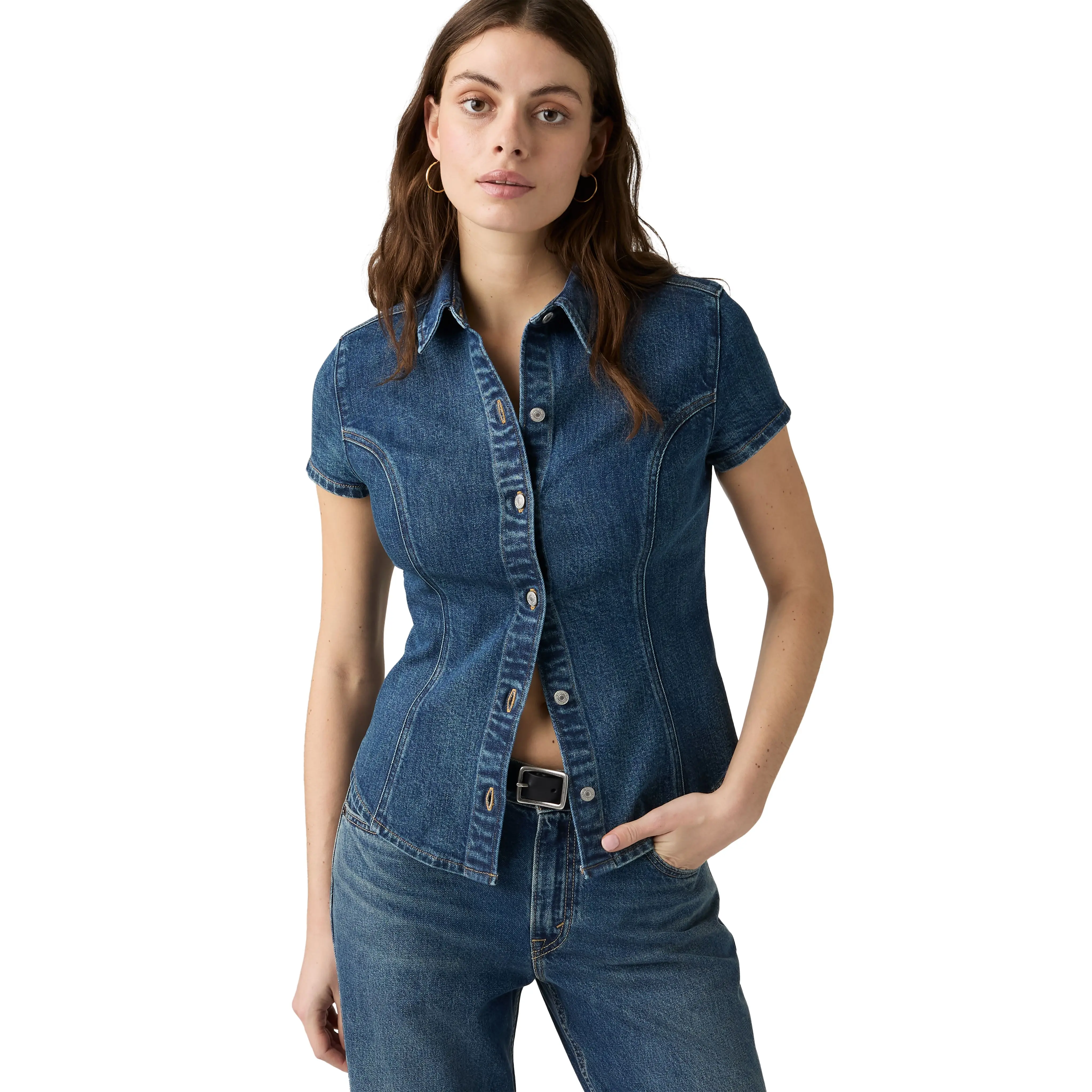 Short-Sleeve Shaped Denim Shirt