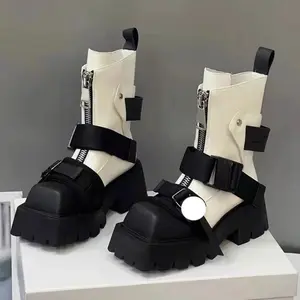 Women's Punk Style Chunky Platform Boots - Thick-Soled Square Toe Mid-Calf Zipper Ankle Boots with Sole & Upper, Round/European Square Toe Suitable for Casual,, Casual Attire - Hand Washable, Women Shoes