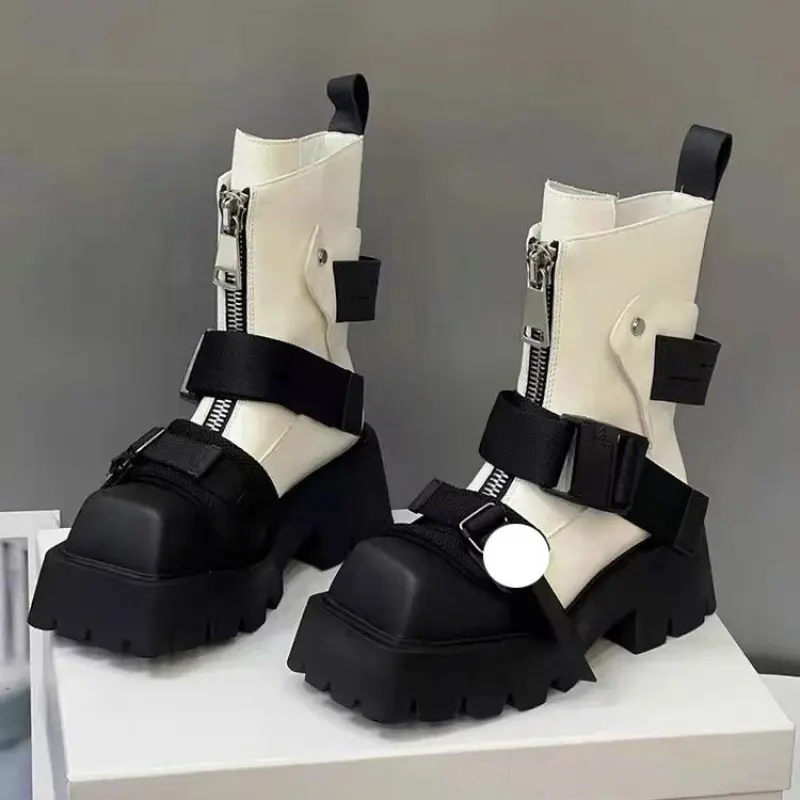 Microfiber Mid-Calf Boots for Women, Punk Style Chunky Platform with a Block Heel, Square Toe, Side Zipper and EVA Sole, Microfiber Uppers, Rock Style, Statement Shoes, Fabric, Synthetic, Punk Look, Manmade, Platform Lift, Chunky Heel, Punk Rock