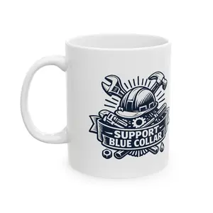Support Blue Collar Mug | Construction Helmet and Tools Ceramic Coffee Mug