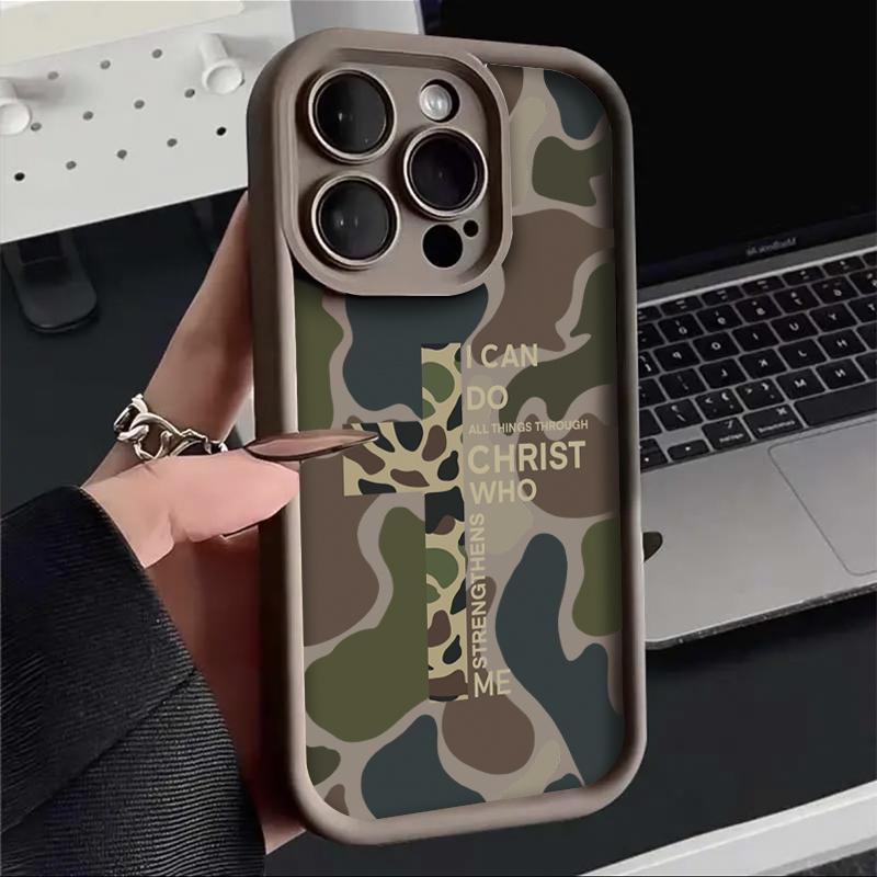 Camouflage Pattern With Cross Phone Case Iconic Christian Faith Artwork Featuring A Thickened Soft Tpu Back And Raised Camera Step Design Blending Cloud-Like Comfort With Reliable Lens Protection For iPhone 17 16 15 14 13 12 11 X XS