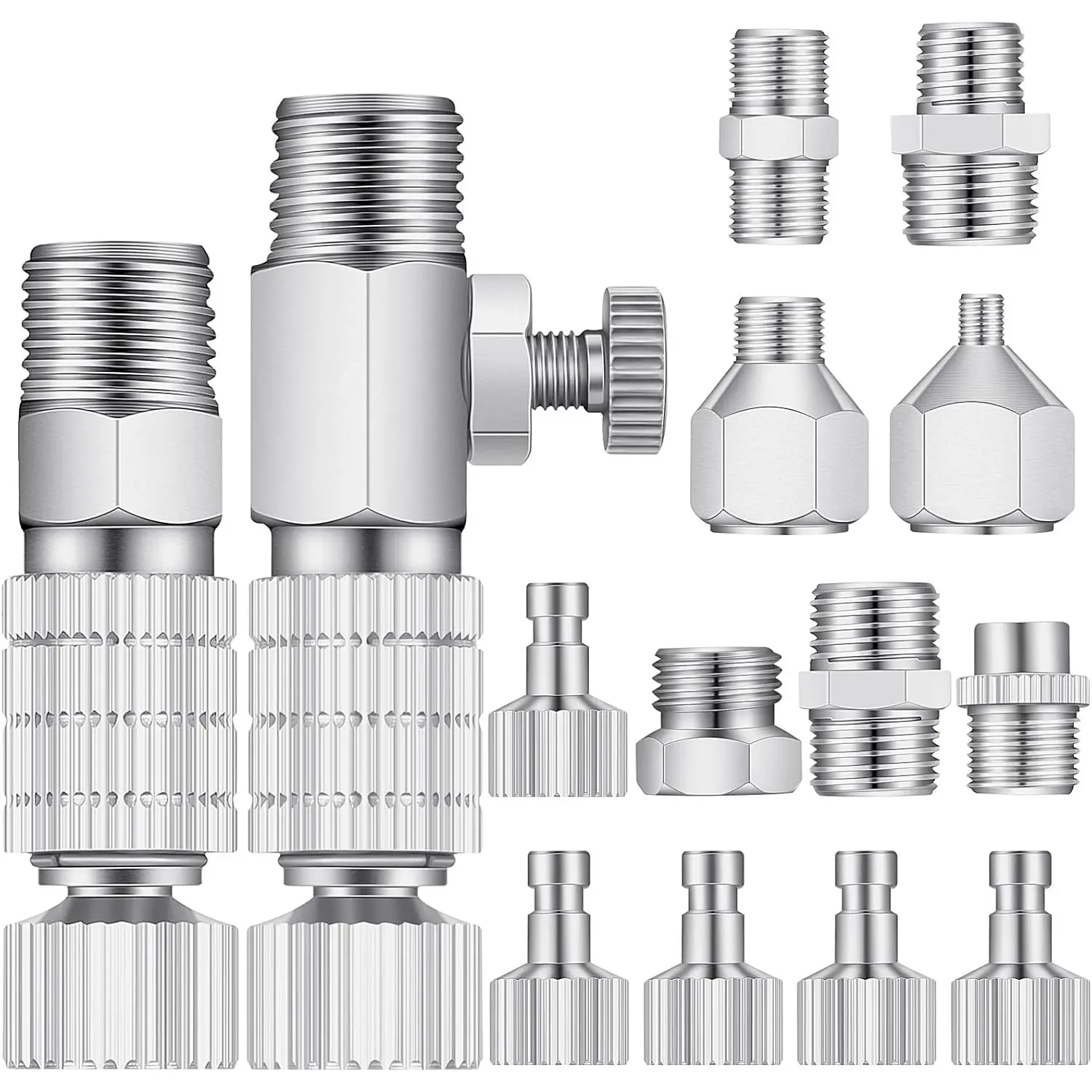14-Pcs PointZero Metallic Airbrush Adapter Set - 1/8in Male Connectors, 1/4in Male-Female Quick Disconnect Fittings, Easy-to-Use Adjustable Spray Gun Hose Quick Release Adapter for Air Compressor, Home Improvement Accessory