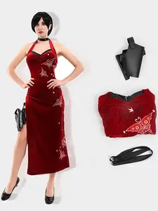 Movie Secret Service Ada Wong Cosplay Halter Dress Uniform Halloween Christmas Women Red Lace Embroidered Cheongsam Lingerie Suit Cosplay Costume