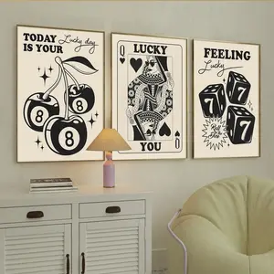 Set of 3 Fashionable Black and White Lucky Canvas Wall Art Prints, Poker Dice Cherry Interesting Art Wall Decoration, Retro Aesthetic Neutral Decoration, Black Art Poster, Bedroom Living Room Corridor Art, Wall Art, Room Decoration, Decoration Items