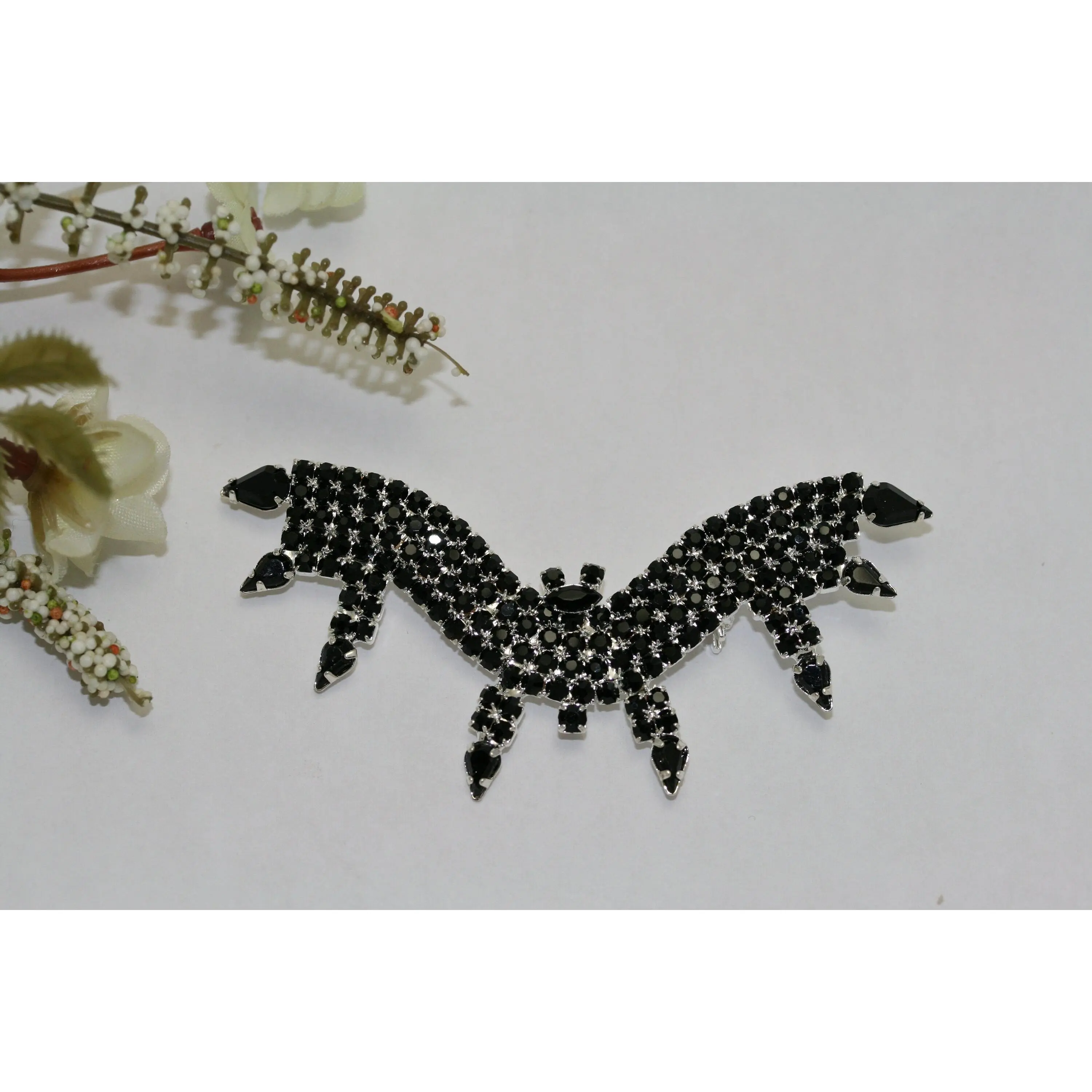 Exquisite Crystal Bat Brooch, Gothic Halloween Pin with Prong-Set Rhinestones, Imitation Platinum Plated Black Metal Jewelry, 3" X 1.5" in, Sparkling, Brooch / Pin
