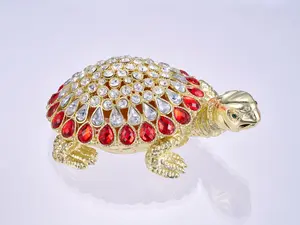 Vintage Enamel Turtle Jewelry Box – Crystal-Studded Metal Trinket Holder