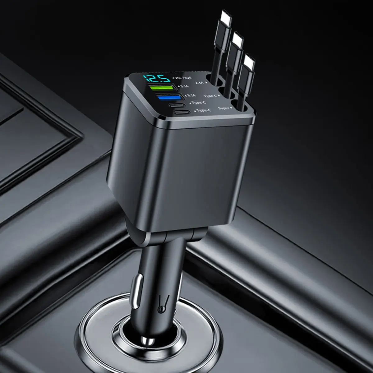 Retractable 7-in-1 Car Charger, Retractable Car Chargers, USB Car Connector, Fast Charging, 3 Retractable Charging Cables, USB 3.1A Type-C Port, Supports Real-Time Voltage Detection, 180° Adjustable Design