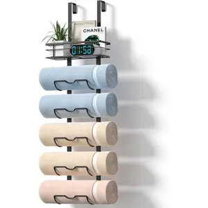 6-Tier Over The Door Towel Rack,Towel Racks for Bathroom, Metal Towel Holder with Storage Basket,Towel Storage for Small Bathroom,Towel Rack for Rolled Towels,Black, TM-6B