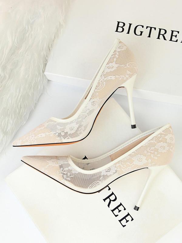 Women's Mesh Hollow Design with Contrast Lace Pointed Toe Stiletto Heeled, Stylish Elegant High Heeled Dress Formal Shoes for Party, Perfect Footwear for Outfit Matching, Wedding Party Shoes