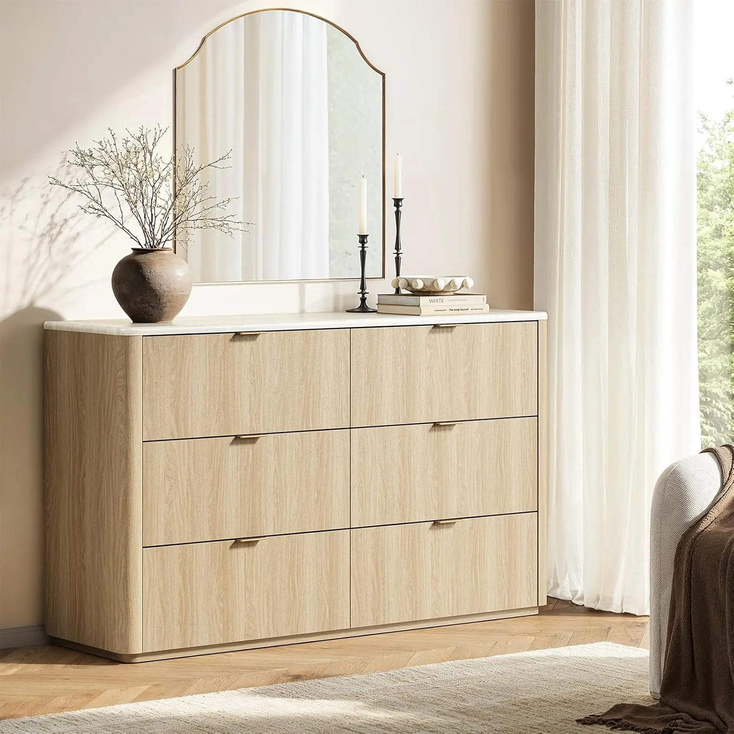 [2 Packages Shipping]ModernMate 6 Drawer Dresser for Bedroom, 54" Clothes Dresser with Smooth Glide Drawers & Faux Travertine Texture Top, Modern Tall Chest of Drawers with Metal Handles for Bedroom Storage, Beige