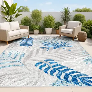 Boho Indoor Outdoor Rug, Velvet Chenille Non-Slip Rug with Silicone Backing, Grey & Blue Coastal Tropical Palm Leaf Pattern Waterproof Fade Resistant Area Rug for Patio Deck Living Room