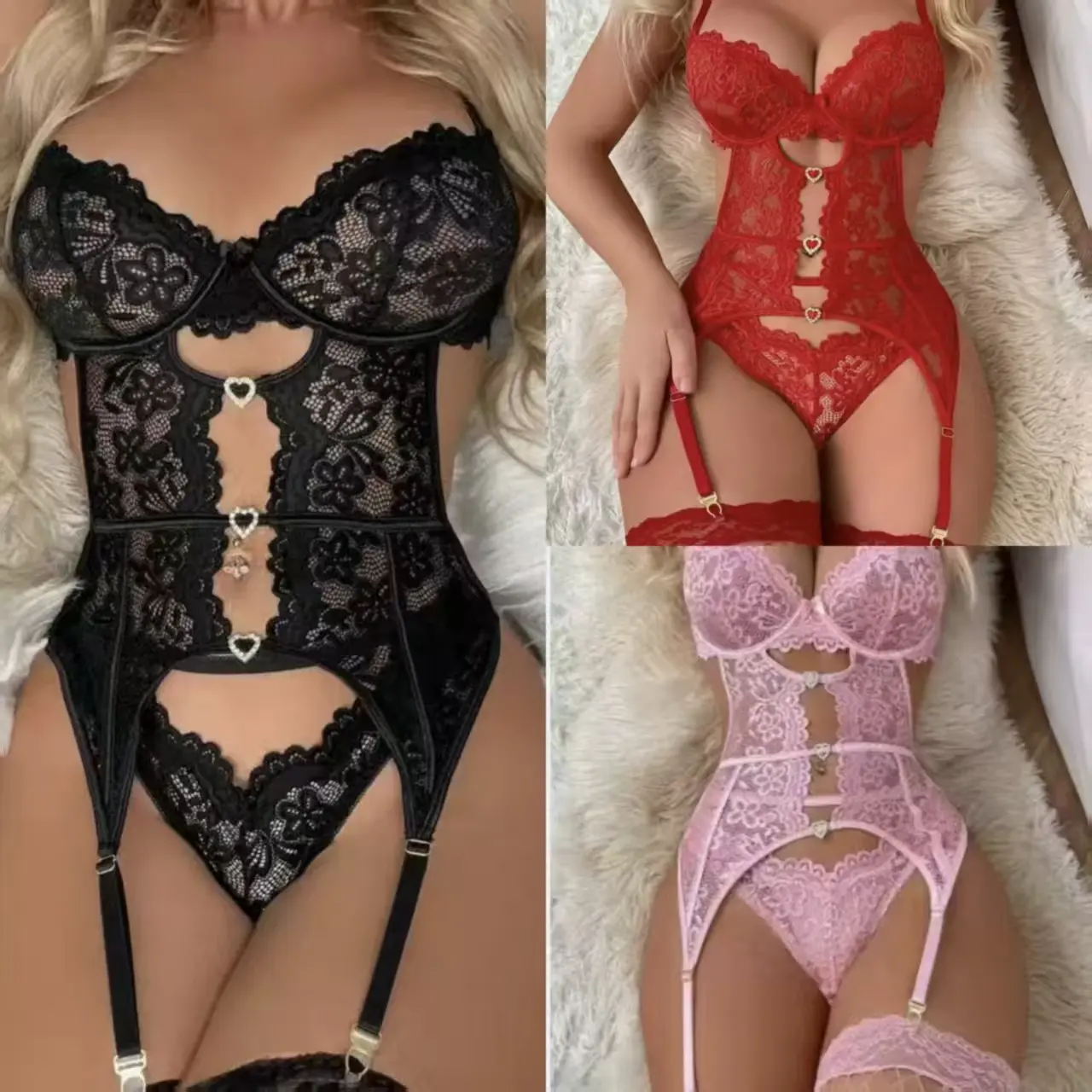 Classic Red-Black-Pink Three-Color Lace Combination