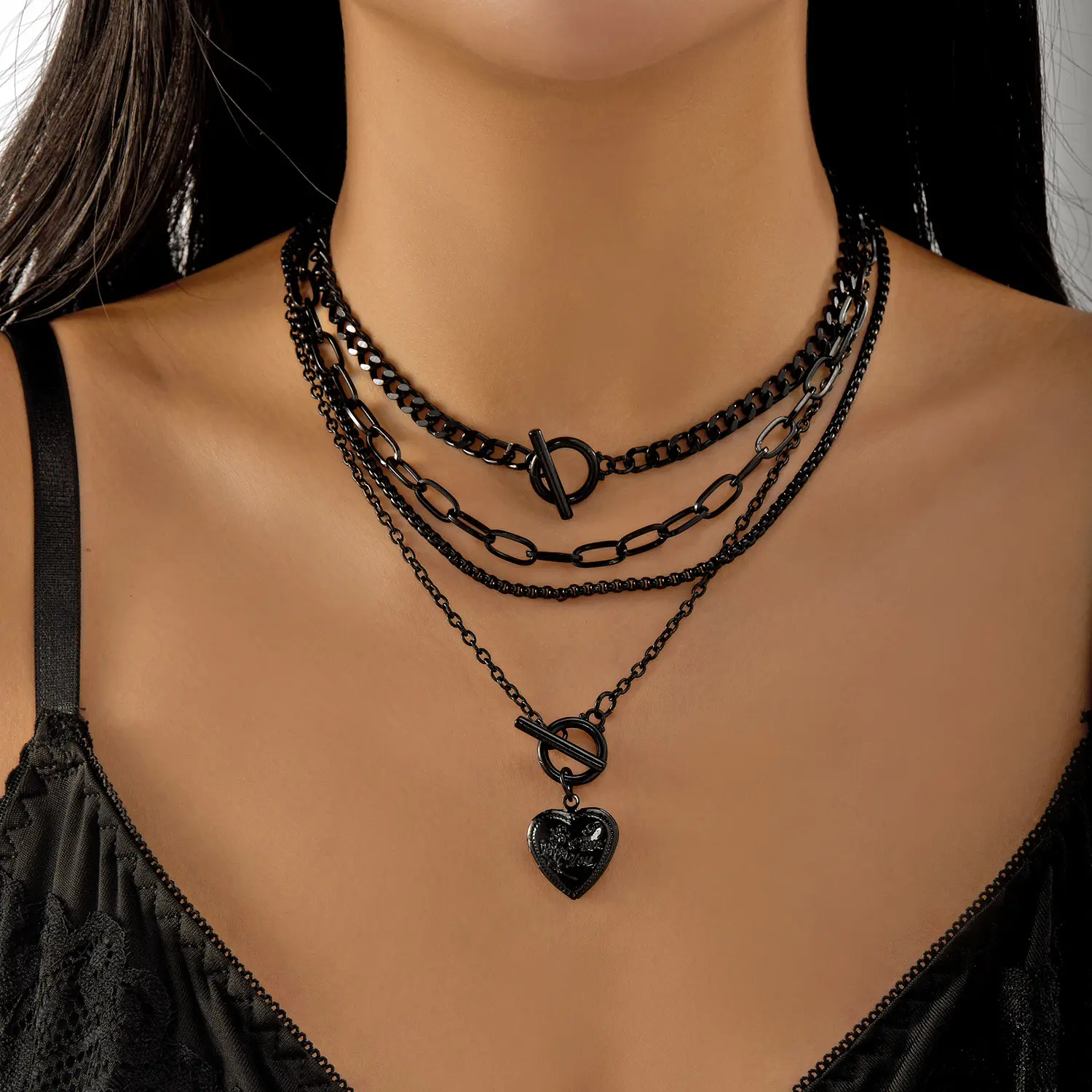 4-Piece Women’s Punk Goth Heart Pendant Necklaces - OT Buckle Chain, Trendy Gothic Birthday Gift Jewelry
