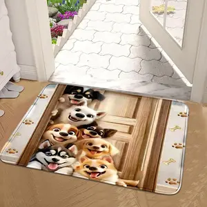 Cute Pet Dog Group Rug, Cartoon Puppy Print, Non-Slip Absorbent Mat, Flannel Material, Soft Comfortable, Indoor Use, Kitchen Bathroom Doorway
