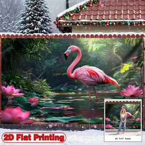 2D Flat Banner, 1pc Flamingo In Lush Garden Scene Theme - Polyester Fabric Photography Backdrop & Party, Photographic Cloth, Suitable for Family Celebrations and General Gatherings, for Portraits, Cake Table, and Studio Pro