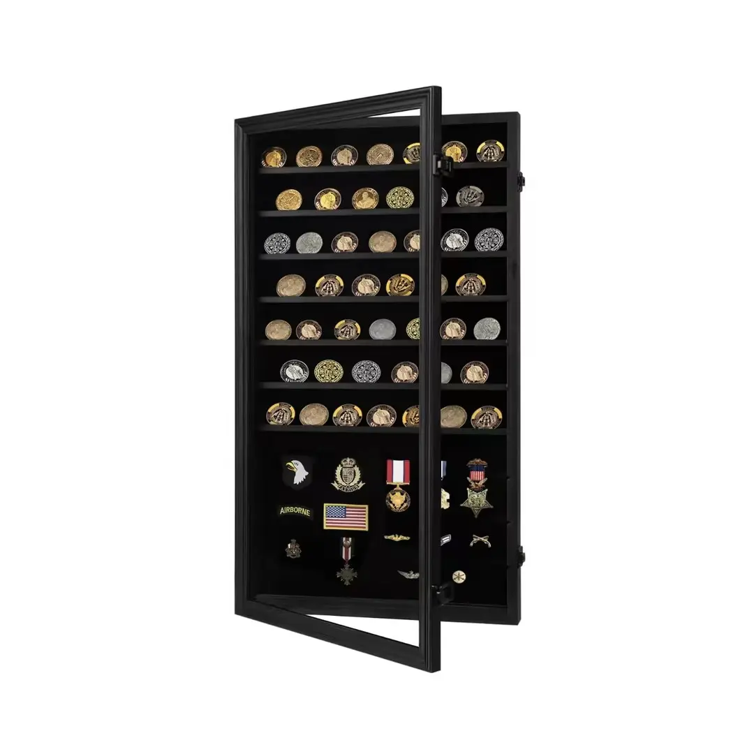 CRDC Black Extra Large Lockable Velvet Coin Display Organiser Box with 2-Compartment Shelf, Detachable Bracket, Anti-Fading Acrylic Glass, Shadow Cartridge - Suitable for Casino Poker Chip Collectibles, Ideal Gift