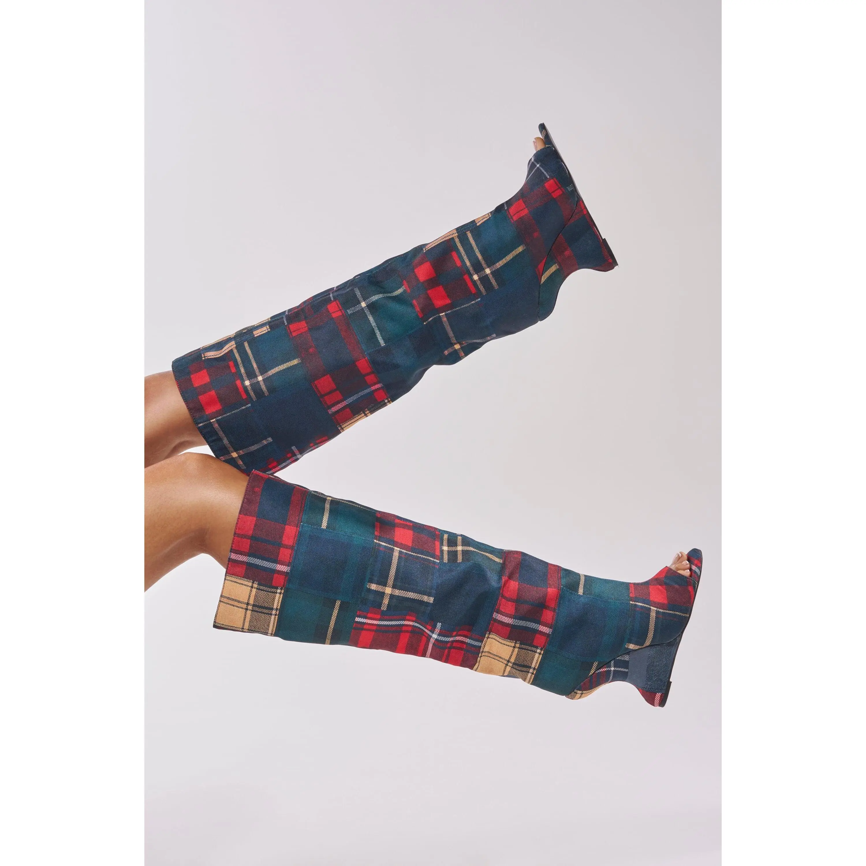 AZALEA WANG VINCENT PLAID PRINTED OPEN TOE BOOT