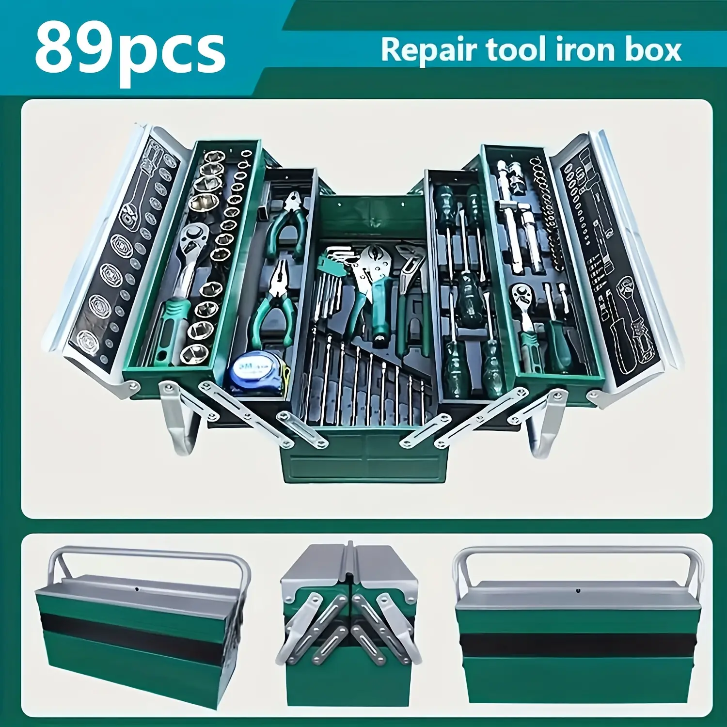 ZKTOOL 89pcs Durable Iron Automotive Tool Kit Set, 5-Tray Quick Grab Cantilever, Corrosion-Resistant Chrome Vanadium Ratchet Torque Wrench, Trim Tools, Reinforced Steel Handle, Portable Folding Box, EVA Foam Insert, for Home & Car Repairing