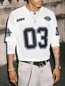 Men's White Mesh Breathable Long-Sleeved Cropped Top With a "03" Print, a Casual Streetwear Fashion Style Top Suitable for Men's Everyday Streetwear.