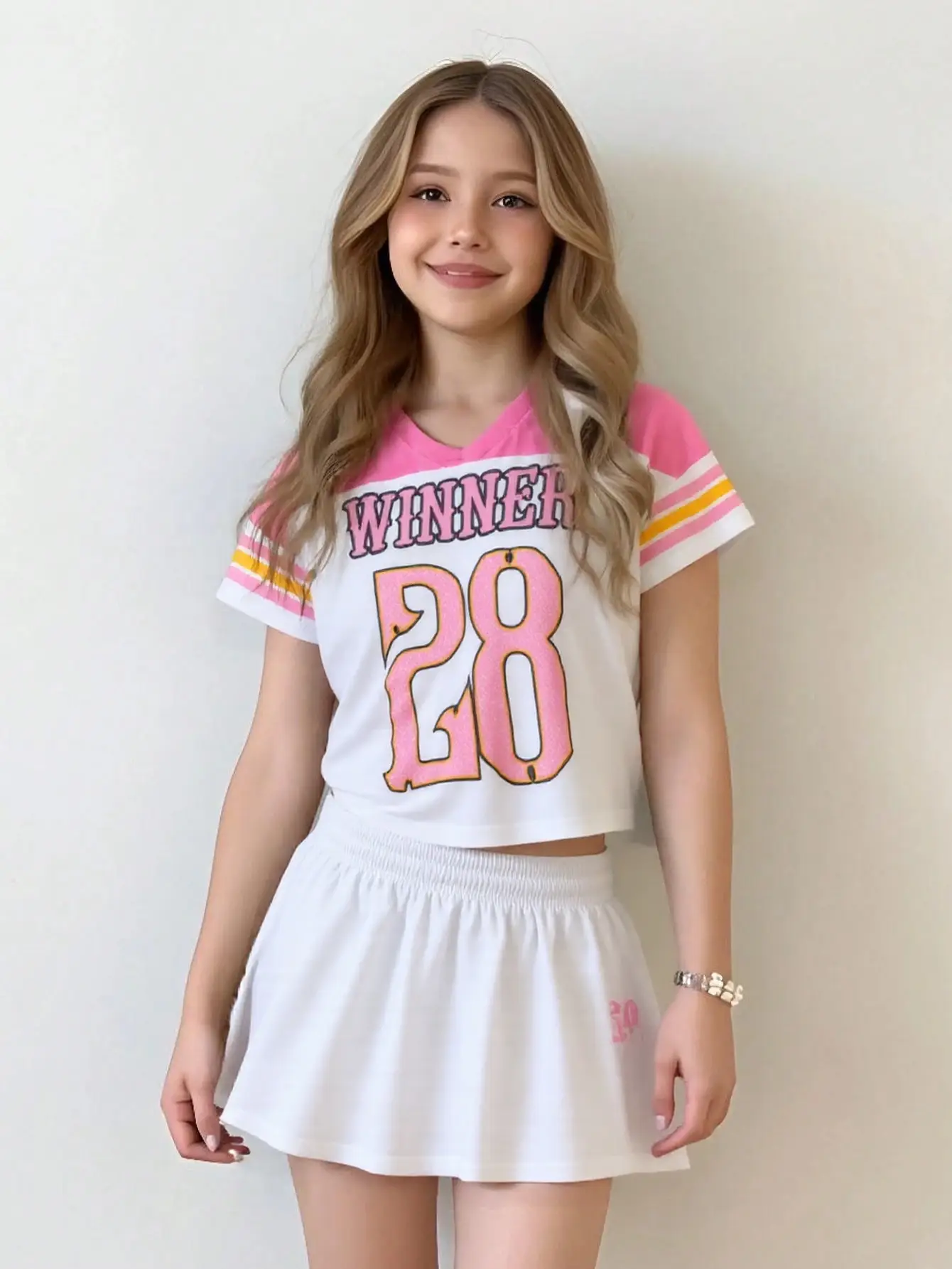 Ready Stock Kid Girl Sports Suit Letter Number Print Colorblock Short Sleeve Quick-dry T-shirt with Tennis Skirt Set Pink 42411056