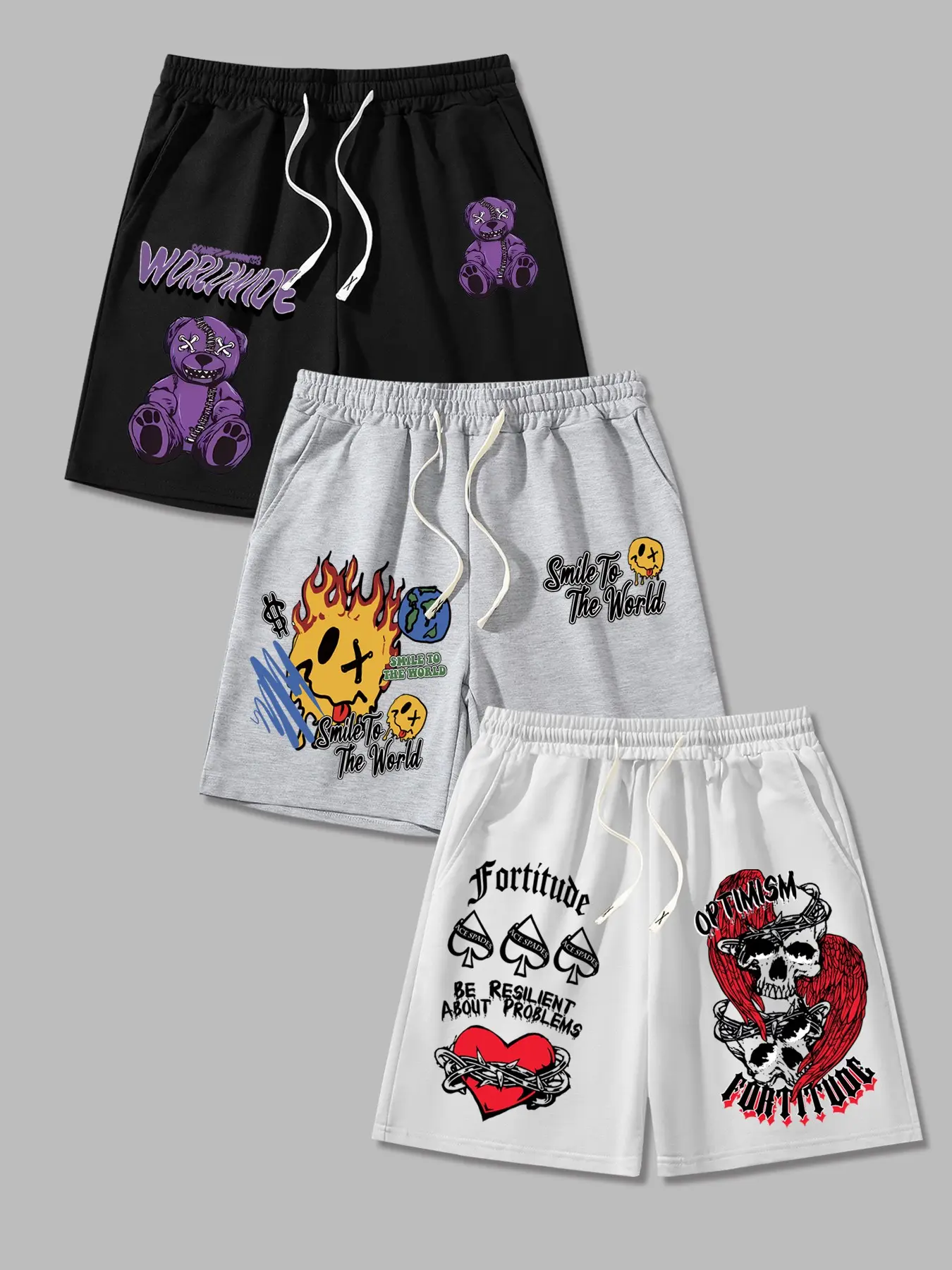 Men's 3-Piece Bear Print Shorts Set, Flame Smiley Skull Heart Pattern, Casual Fitted Drawstring Waist Summer Shorts, Active Athletic Shorts, Graphic Print Shorts for Outdoor Sports
